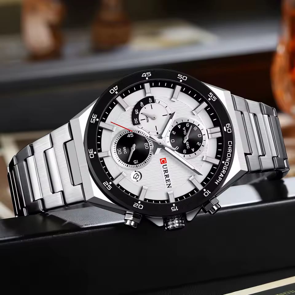 Luxury Chronograph Three Eyes Dial Stainless Steel Strap Luminous Hands Waterproof Reloj Watch