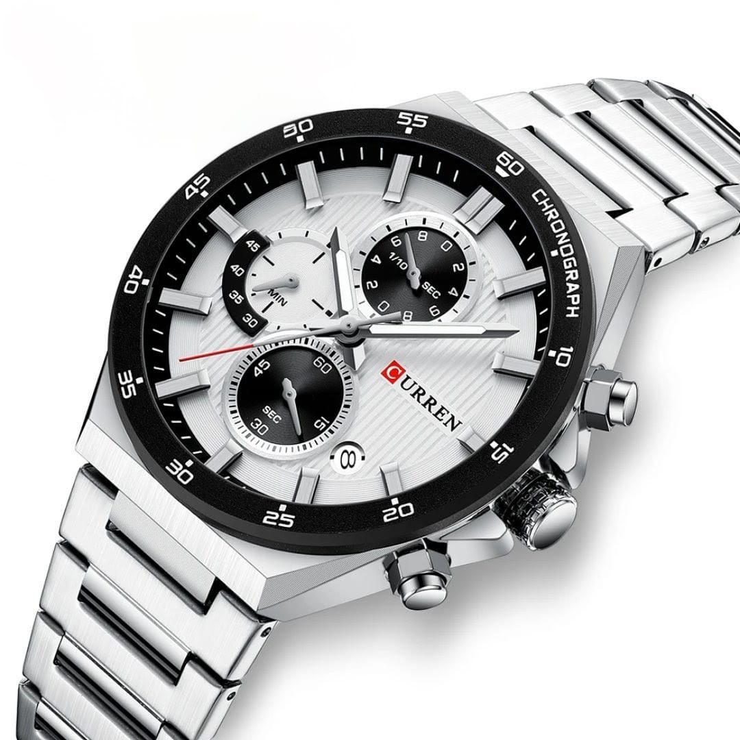 Luxury Chronograph Three Eyes Dial Stainless Steel Strap Luminous Hands Waterproof Reloj Watch