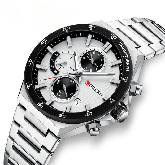 Luxury Chronograph Three Eyes Dial Stainless Steel Strap Luminous Hands Waterproof Reloj Watch