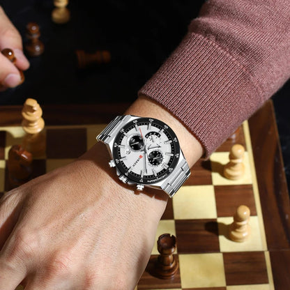 Luxury Chronograph Three Eyes Dial Stainless Steel Strap Luminous Hands Waterproof Reloj Watch