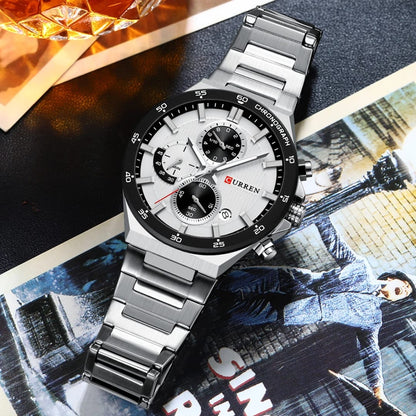 Luxury Chronograph Three Eyes Dial Stainless Steel Strap Luminous Hands Waterproof Reloj Watch