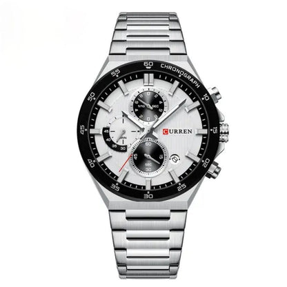 Luxury Chronograph Three Eyes Dial Stainless Steel Strap Luminous Hands Waterproof Reloj Watch